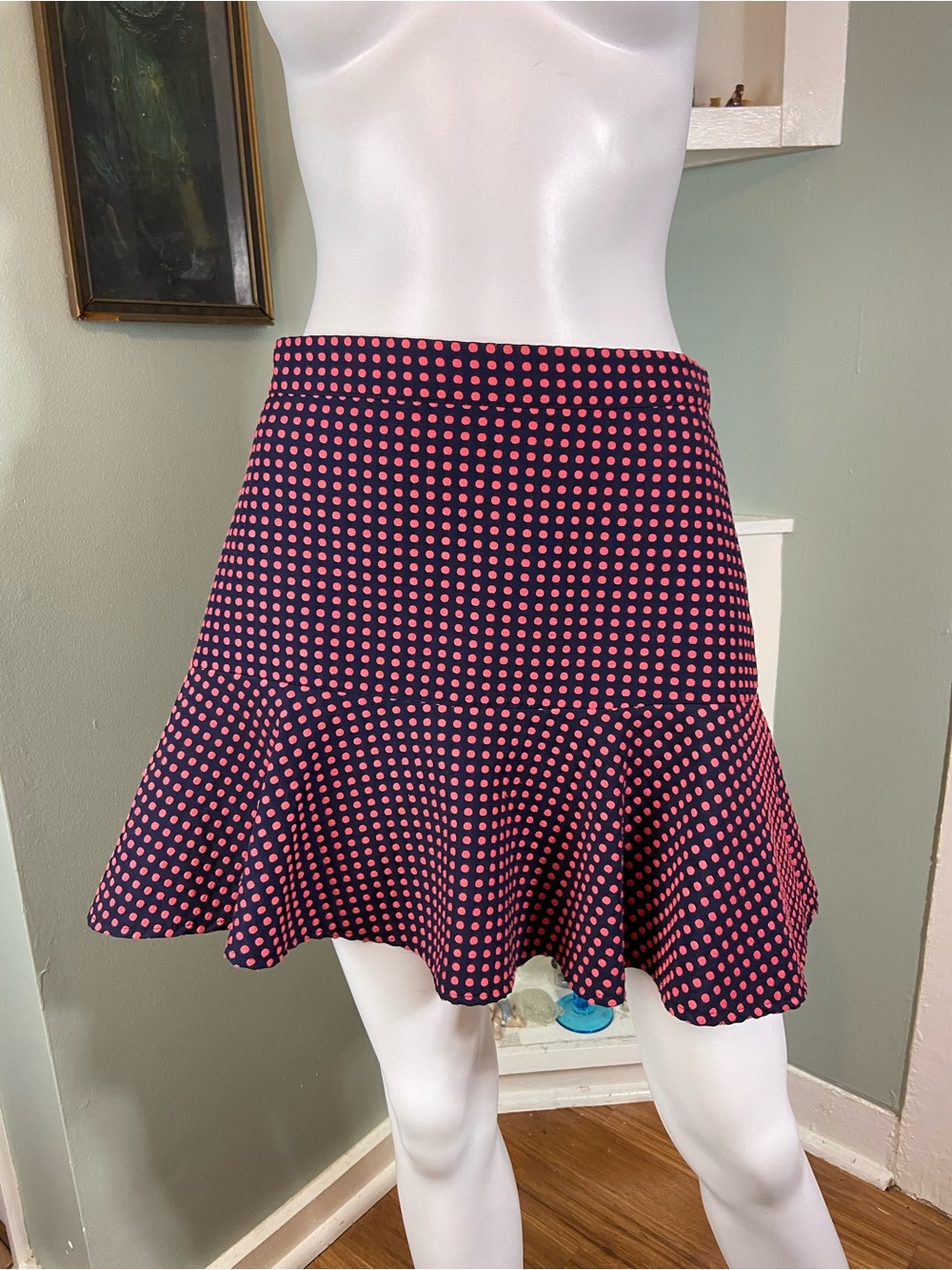 Navy Pink Polka Dot Flared Flounce Mini Skirt Small S